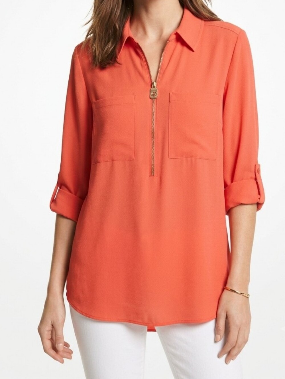 MICHAEL Michael Kors Coral Half-Zip Roll Tab Sleeve Crepe Blouse Size Large